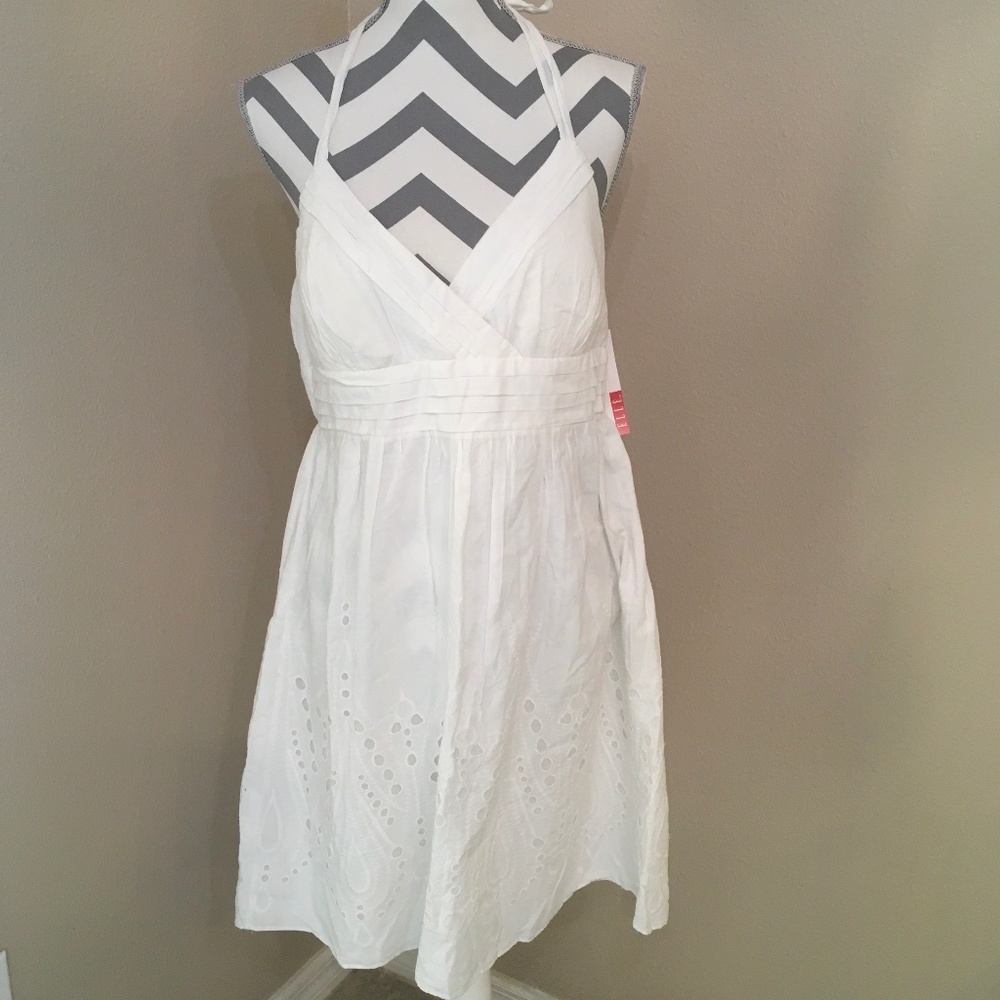 Elle White Sundress Embroidered Halter Dress NWT - Large
